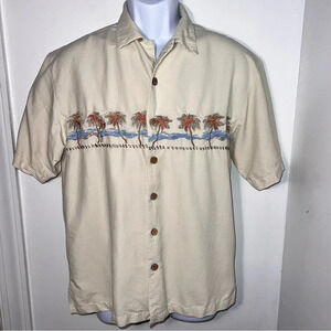 Paradise Blue,M, silk embroidered button front hem vents tropical Hawaiian shirt